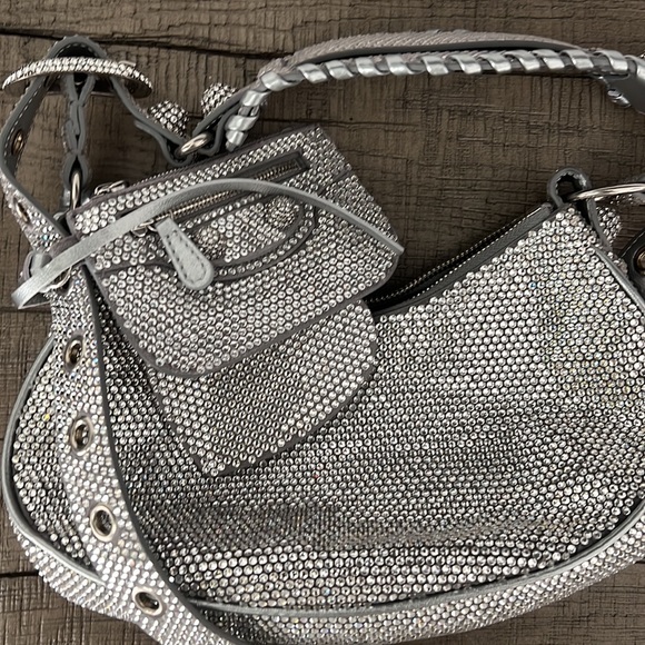Balenciaga WOMEN'S LE CAGOLE XS SHOULDER BAG WITH RHINESTONES IN GREY - Picture 6 of 6